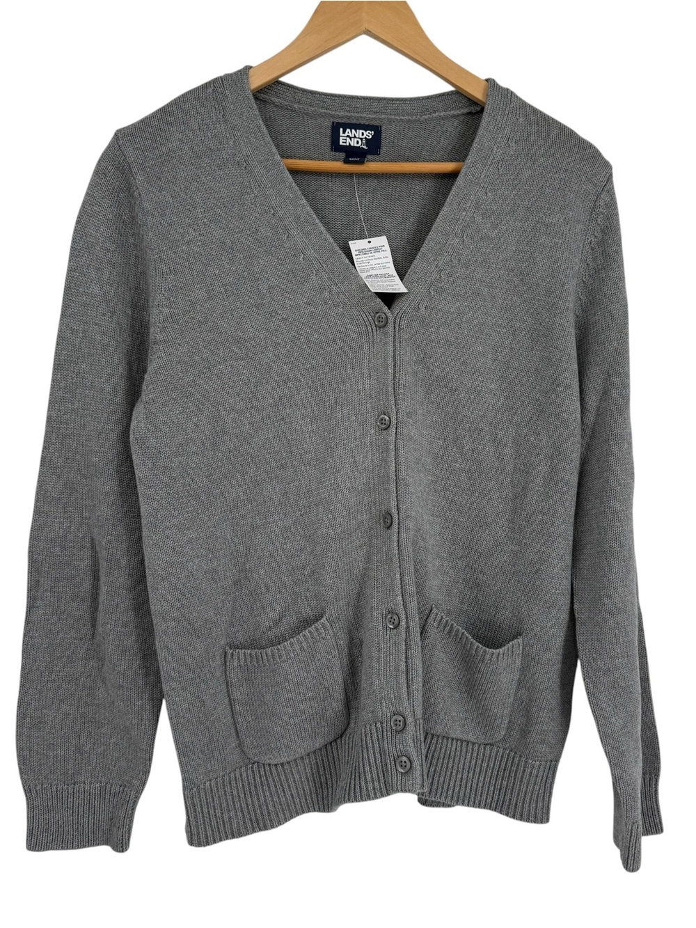 Lands' End Women NWT Size M (10-12) Gray Cardigan Sweater Cotton Pockets Granny